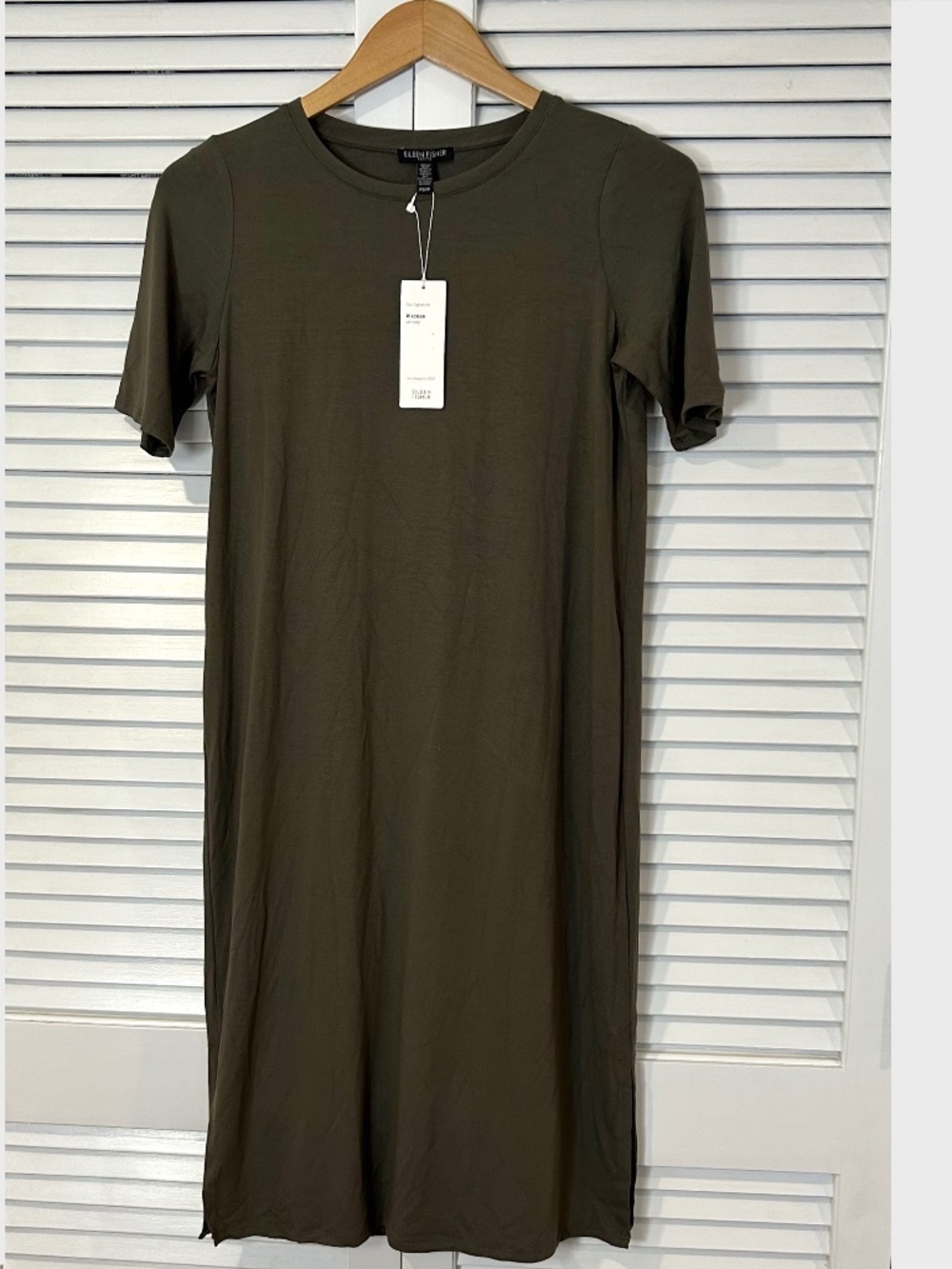 NWT Eileen Fisher Petite Small Olive Green Viscose Jersey T-shirt Dress